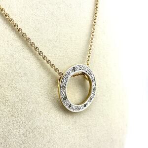 16” 925 Sterling Silver Gold Vermeil Diamond Chip Ring Pendant Gold Tone Chain